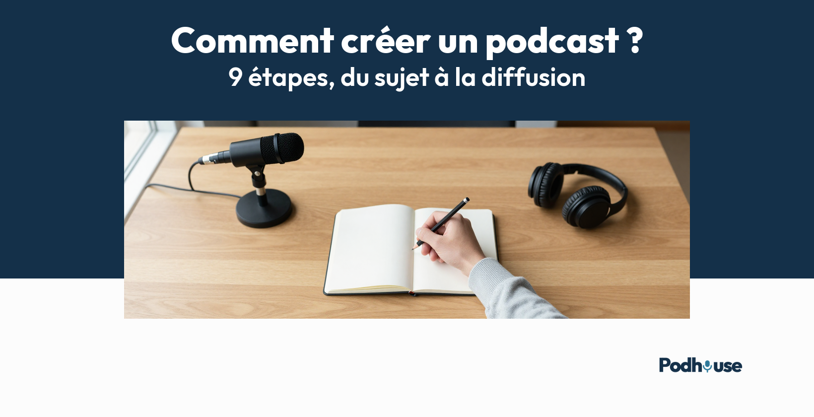Préparer les étapes pour créer un podcast, crayon en main, à côté du micro et du casque